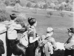 Schulausflug Jahrgang 1944/45 auf die Hohe Flum. Kommentare von Hanspeter Aigeldinger:Auf dem Aussichtsturm Hohe Flum: Von hinten gesehen , links im Ecken , Frank Steinebrunne ,rechts daneben stehen Kurt Lindau und Klaus Rhein sowie Gernod Vogt .Das Maedchchen im Vordergrund ist Gudrun Bohnert. Picknick : ( Warum hat er das Bild ? Hat er sich damals in die  Kratzbuerste Ulricke Katzer verkuckd?)  Links nach Rechts: - Gudrun Bohnert - Ulricke Katzer - Gertrud Kiefer
Rhein_035